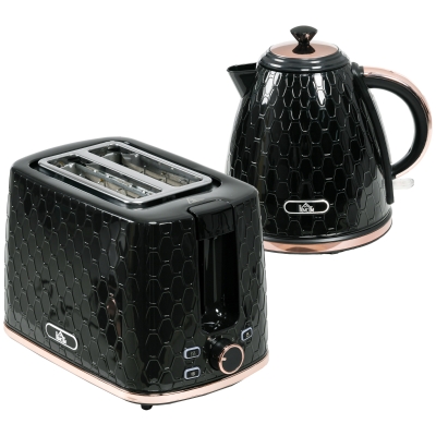 HOMCOM 1.7L 3000W Fast Boil Kettle & 2 Slice Toaster Set, Kettle and Toaster Set with Auto Shut Off, Browning Controls, Black