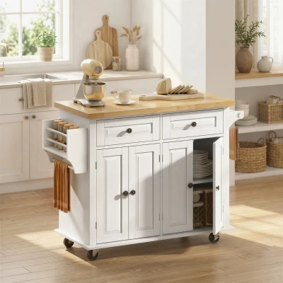 HOMCOM Ilha de Cozinha com Rodas 2 Gavetas 4 Portas Suporte para Temperos e Barra Lateral 111x44,5x82,5cm Branco e Madeira