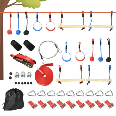 Outsunny Ninja Kletterset, Slackline, 30-teilig, 10 m Seil, für Kinder 3-6 Jahren