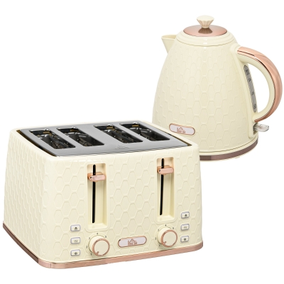 HOMCOM Kettle and Toaster Set, 1.7L 3000W Fast Boil Jug Kettle with Auto Shut Off, 4 Slice Toaster with 7 Level Browning Controls & Crumb Tray, Beige