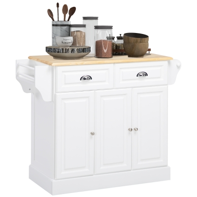 HOMCOM Carrinho de Cozinha com Rodas 2 Gavetas 3 Armários Suporte para Panos e para Temperos para Sala de Jantar 110x45x89cm Branco