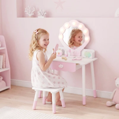 AIYAPLAY Kids Vanity Set Table Chair Mirror Pink