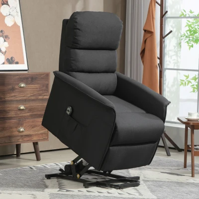 HOMCOM Sillón Relax Reclinable Eléctrico Levanta Personas con Mando a Distancia y Bolsillo Lateral Tapizado en Lino Negro