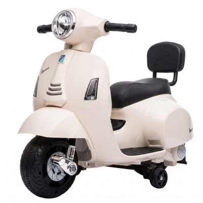 AIYAPLAY Mota Elétrica Infantil Mini Vespa GTS com 2 Rodas Auxiliares, Bateria de Lítio, Farol, Buzina e Encosto, Branco