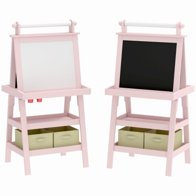 AIYAPLAY Cavalete de Pintura Infantil 3 em 1 Quadro Dupla Face com Rolo de Papel e Cestos de Arrumação Rosa