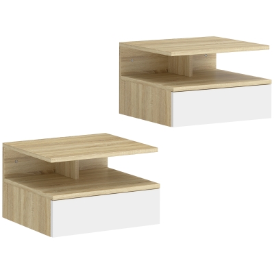 HOMCOM Juego de 2 Mesitas de Noche Flotantes con Cajón Montado en la Pared 35x32x22,5 cm Roble y Blanco