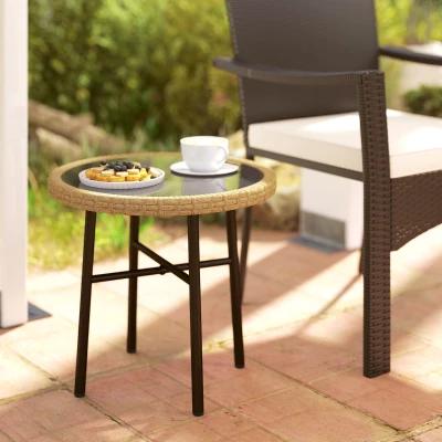 Outsunny Table Basse Ronde Résine Tressée Verre 46x43cm