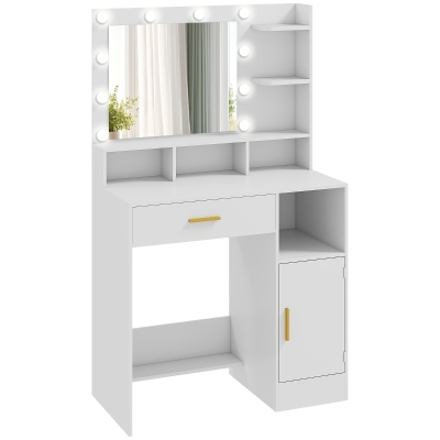 HOMCOM Coiffeuse Blanche LED, Miroir, Tiroir, Placard, 80x40x135cm