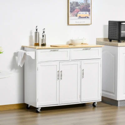 HOMCOM Kitchen Island Cart White with 2 Drawers & Cabinets