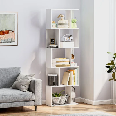 HOMCOM S-Shaped 5-Tier Bookcase Wooden Display Rack White