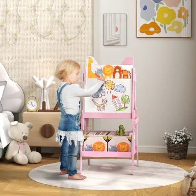 AIYAPLAY Pizarra Infantil de Doble Cara con 2 Cajas de Tela Caballete de Pintura para Niños con Estampado de Animales Rosa