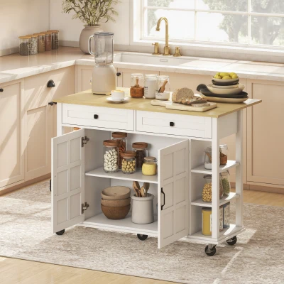 HOMCOM Isla de Cocina con Ruedas Encimera Plegable 2 Puertas con Cierre Suave 2 Cajones 6 Estantes Abiertos Blanco
