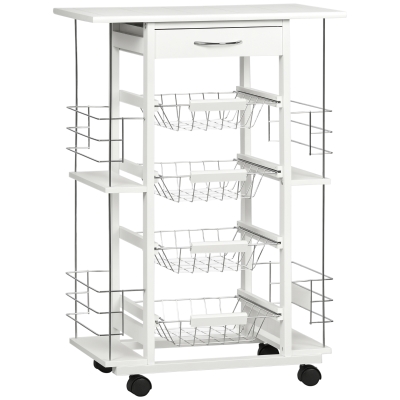 HOMCOM Carrito de Cocina con Ruedas Carrito Verdulero con Cajón Cestas y Estantes Laterales 57x37x83cm Blanco