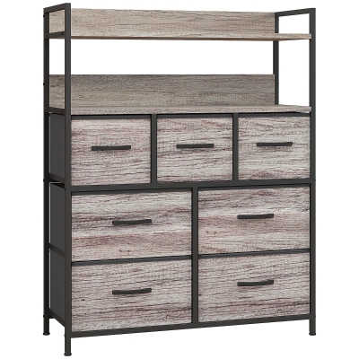 HOMCOM Rustic Chest Seven Fabric Drawers Grey Wood Effect
