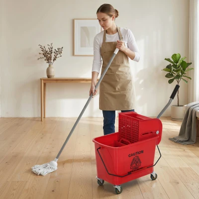 HOMCOM Cubo de Fregar con Escurridor Panel Separador y Ruedas Capacidad 20L para Limpieza Doméstica 45x26,5x70 cm Rojo