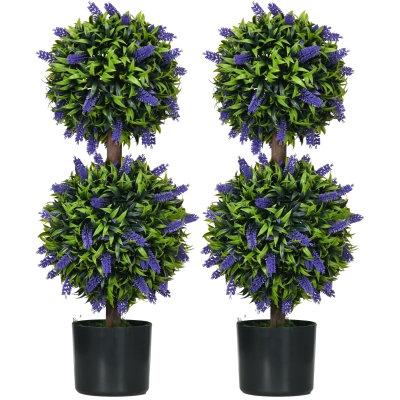 HOMCOM Set of 2 Artificial Plants, Lavender Flowers Ball Trees with Pot, for Home Indoor Outdoor Decor, 70cm