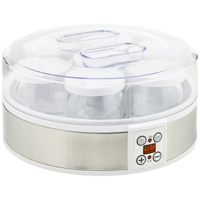 HOMCOM Máquina de Yogur con 7 Tarros de Cristal de 180 ml Termostato Ajustable Temporizador y Pantalla LED 24x24x13 cm Blanco