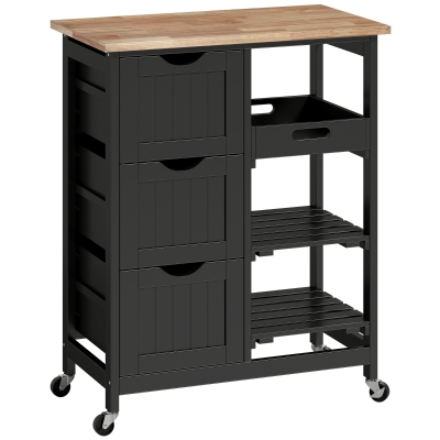 HOMCOM Carro de Cocina Carrito Auxiliar con Ruedas con 3 Cajones 2 Estantes Abiertos y Bandeja Extraíble 67x37x85,5 cm Negro