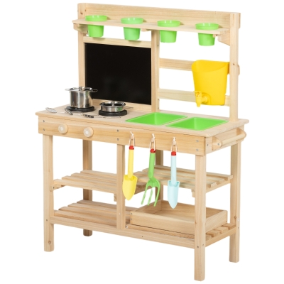 AIYAPLAY Matschküche Kinder Outdoor, Spielküche aus Holz mit Spüle Herd Pflanztöpfen Tafel für 3-6 Jahre 77x32x95 cm Naturholz