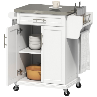 HOMCOM Wooden Kitchen Island Trolley with Stainless Steel Top White
