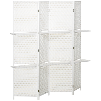 HOMCOM Biombo Separador de Ambientes Plegable con 2 Estantes de Madera de Pino y Fibra de Papel 181x180 cm Blanco