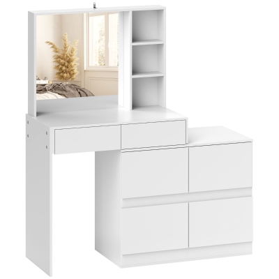 HOMCOM Schminktisch, Make-up-Tisch mit großem Spiegel, 4 Schubladen, 3 offene Fächer, 2 Schränke, MDF, Weiß