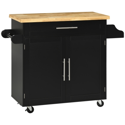 HOMCOM Küchenwagen Servierwagen Kücheninsel, 1 Gewürzregal, 1 Handtuchhalter, 109 cm x 40 cm x 89 cm, Schwarz