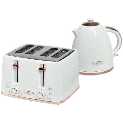 HOMCOM 1.7L 3000W Fast Boil Kettle & 4 Slice Toaster Set, Kettle and Toaster Set with 7 Browning Controls, Crumb Tray, White