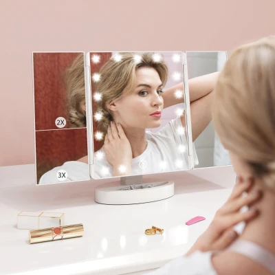HOMCOM Espejo Maquillaje con Luz Aumento 1X/2X/3X Rotación Libre de 180° 21 Luces LED Interruptor Táctil Blanco