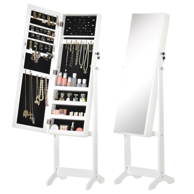 HOMCOM Espejo Joyero de Pie con Ángulo Ajustable y Ranuras para Pendientes Anillos y Collares 46x36,5x151,5 cm Blanco