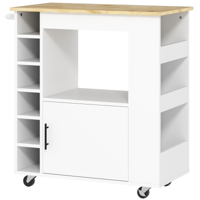 HOMCOM Küchenwagen, Rollbare Kücheninsel, Küchen-Trolley mit Fächern, Weinregalen, Schrank und Arbeitsfläche, Weiß