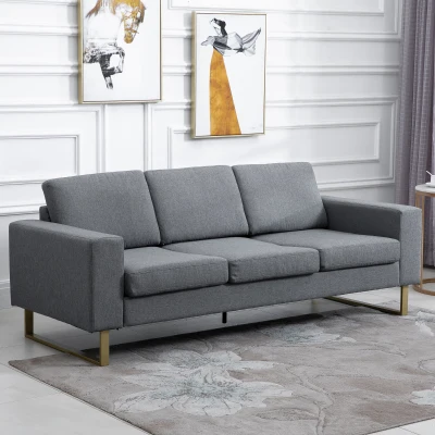 HOMCOM 3 Seater Sofa - Linen Upholstered, Cozy Padded Couch with Steel Legs, Backrest, and Wide Armrests for Living Room, Bedroom, Dark Grey