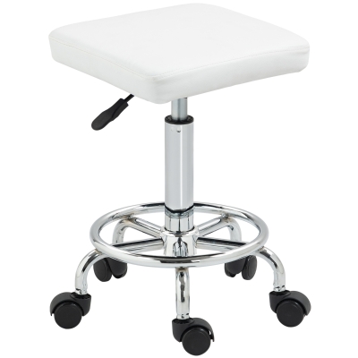 HOMCOM Taburete Giratorio Ajustable Con Asiento Acolchado Reposapiés y Ruedas para Salones y Talleres 34x34x50-66 cm Blanco