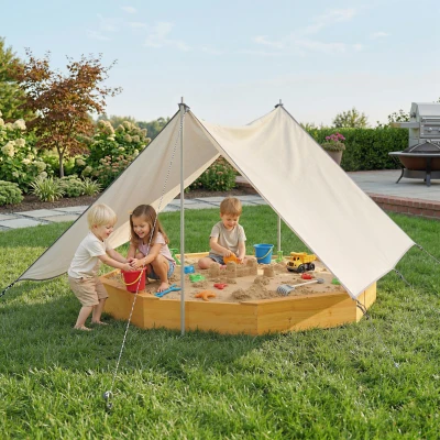 AIYAPLAY Sandkasten mit Dach 4 Sitzbänken Bodenplane für 8 Kinder von 3-8 Jahren für Outdoor Garten Holz 214,5 x 214,5 cm Gelb