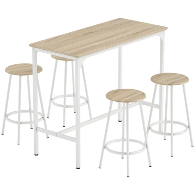 Set Bar 5 Piese Masă Înaltă și 4 Scaune, MDF, Metal, Nuanță Lemn și Alb