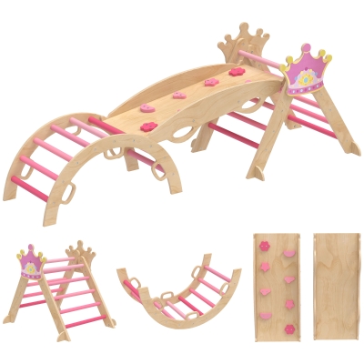 AIYAPLAY 8 en 1 Triángulo de Escalada de Madera Estructura de Escalada Montessori Tema de Corona con Arco y Rampa Rosa