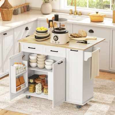 HOMCOM Isla de Cocina con Ruedas Toma de Corriente USB Tablero Plegable 2 Cajones Especiero y Toallero 112x74x94,5 cm Blanco