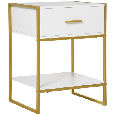 HOMCOM Modern Bedside Table with Drawer White and Gold