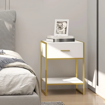 HOMCOM Modern Bedside Table with Drawer White and Gold