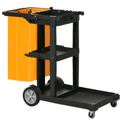 HOMCOM Carro de Limpieza con Bolsa con Ruedas y 3 Estantes Carro para Limpieza para Hotel 121x50,5x96,5 cm Negro y Amarillo