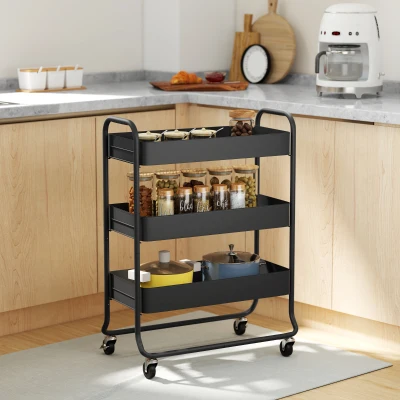 HOMCOM Küchenwagen, 3 Körbe, 4 Rollen, Metall, Schwarz