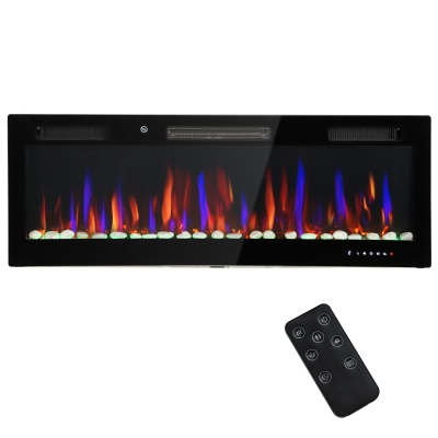 HOMCOM Chimenea Eléctrica Pared Empotrable Ultrafina con Llama 3D Brillo/Velocidad Ajustable y 12 Colores Guijarros 900/1800W