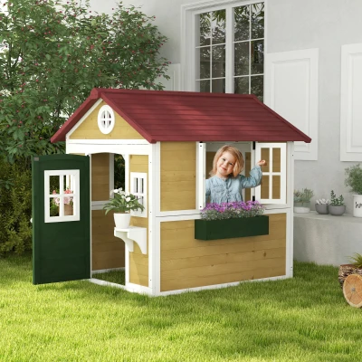 Outsunny Casita de Madera Infantil con Puerta Ventanas Jardineras y Repisas con Detalles de Color 114x126,4x135 cm Natural