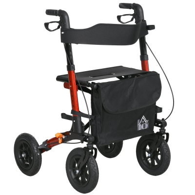 HOMCOM Rollator Walker with Seat, Adjustable Handle, Red