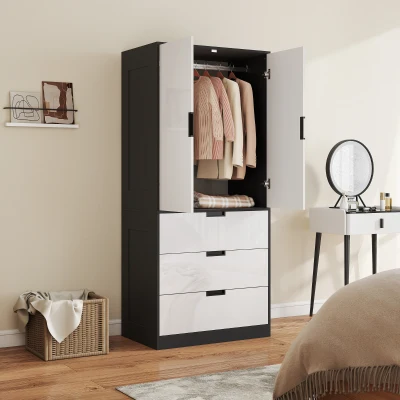 HOMCOM Modern Wardrobe 2-Door 3-Drawer High Gloss White