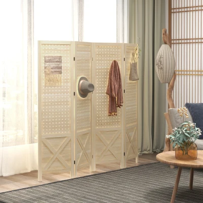 HOMCOM Paravent Bois 4 Panneaux Pliables Naturel 152x144,5cm