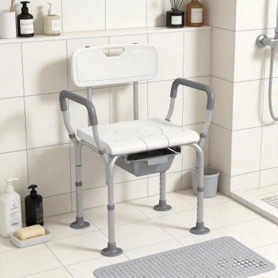 HOMCOM Chaise de Douche Percée Hauteur Réglable Aluminium Blanc