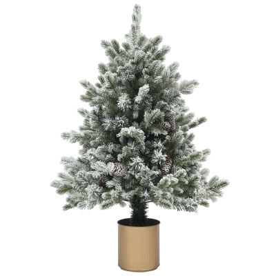 HOMCOM Weihnachtsbaum mit Tannenzapfen, schneebedeckt, flammenhemmend, stabil, Ø60 x 100H cm, Grün/Gold