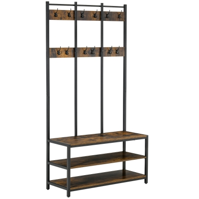 HOMCOM Coat Rack Stand with Bench & Shoe Rack, 100x40cm, Brown/Black