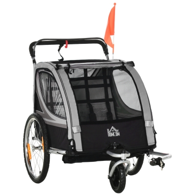 HOMCOM Kinderfahrradanhänger, Schiebewagen, mit Bremsen, klappbar, für 2 Kinder, Grau/Schwarz